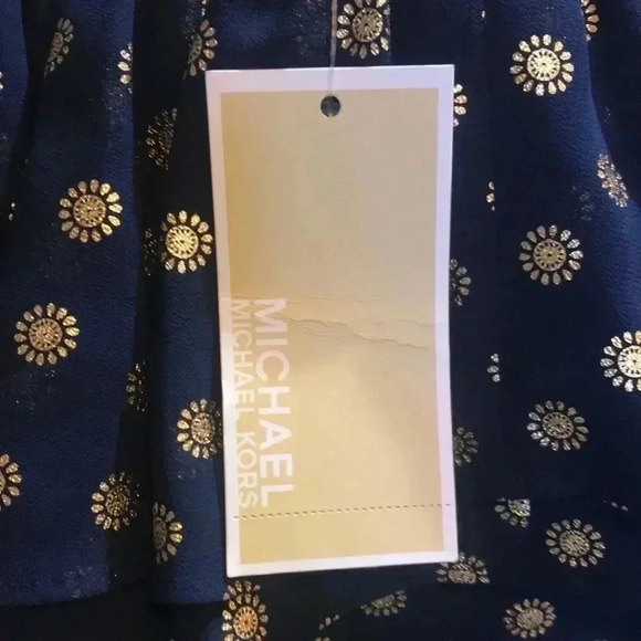 NWT Michael Kors Navy Blue/ Gold Floral Pattern Belted Tie Waist Ruffle Dress-M - Picture 9 of 12